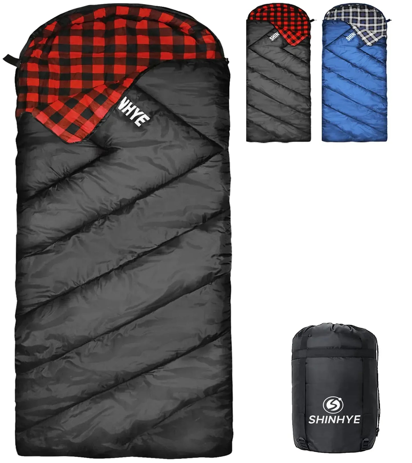 Durable outdoor sleeping bags in black and blue with plaid lining, ideal for camping and hiking.