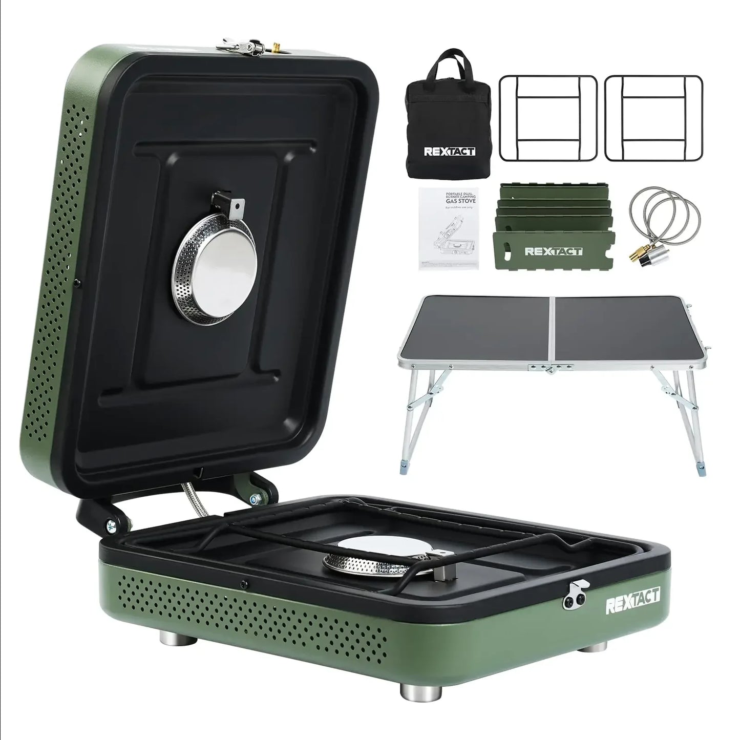 Portable REXTACT camping stove kit with foldable table and accessories for outdoor cooking.