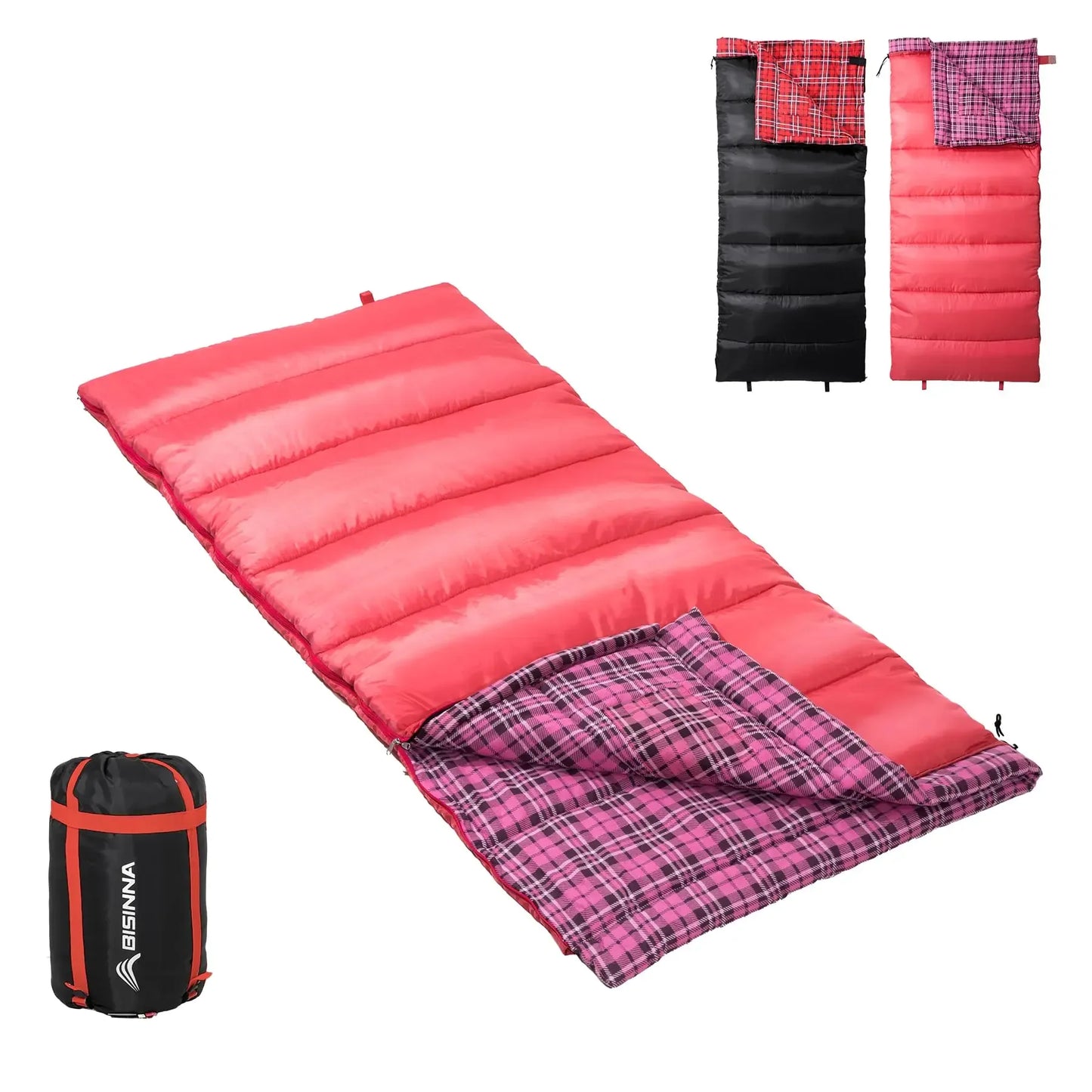 Red and black Bisinna sleeping bags for camping with plaid lining, shown with carry bag, outdoor gear