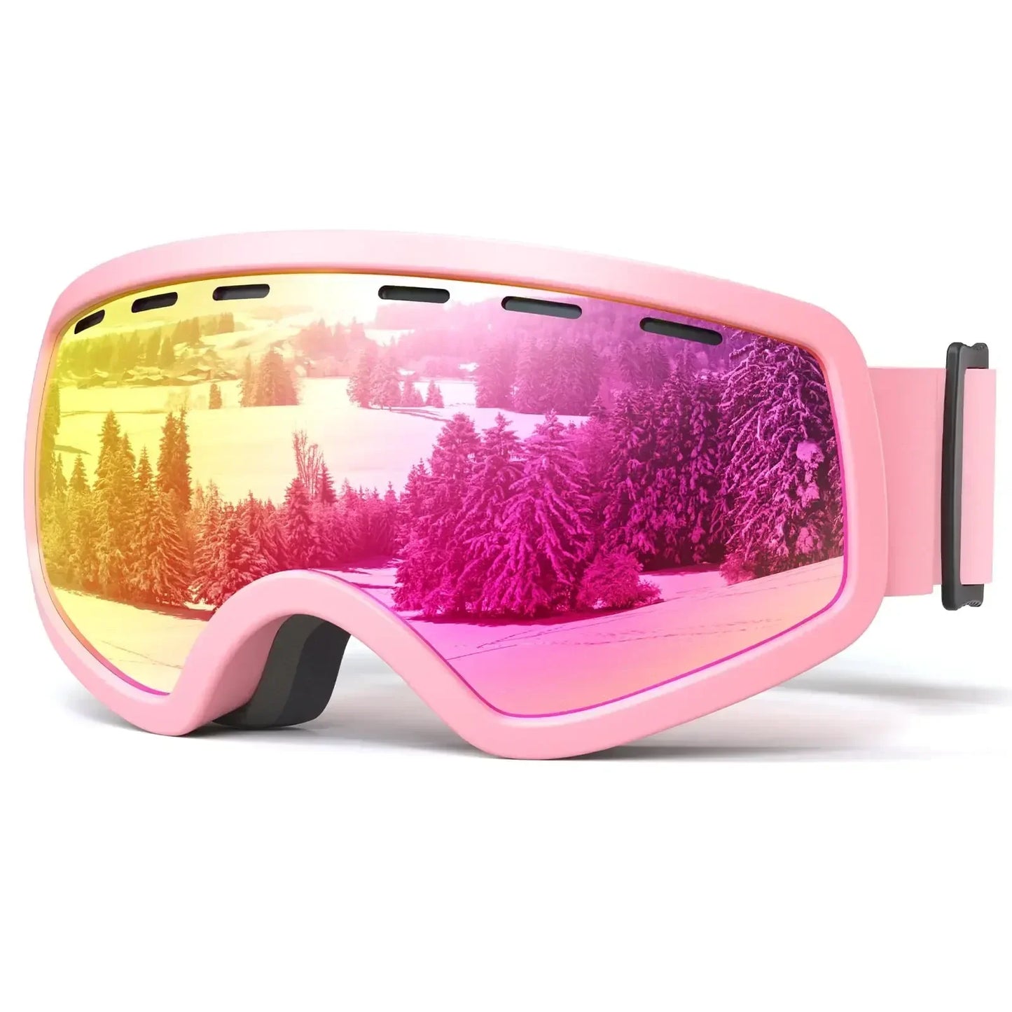 Pink ski goggles with mirrored lens reflecting snowy forest, outdoor adventure gear