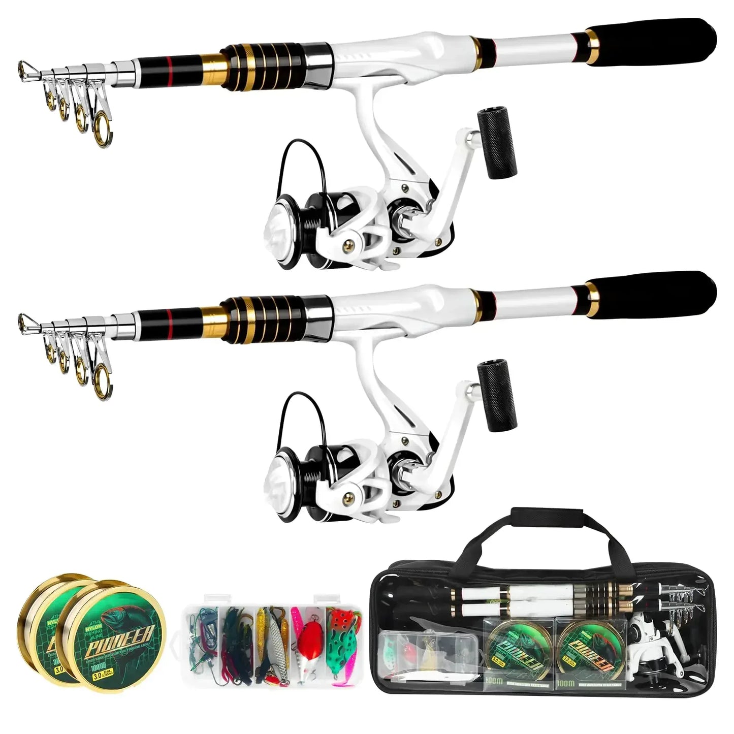 Telescopic fishing rod and reel set with tackle, lures, and carrying bag for camping and outdoors