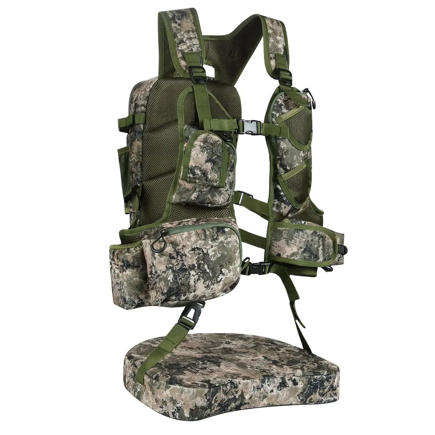 Camo tactical vest with multiple pockets and padded seat for camping or hiking gear