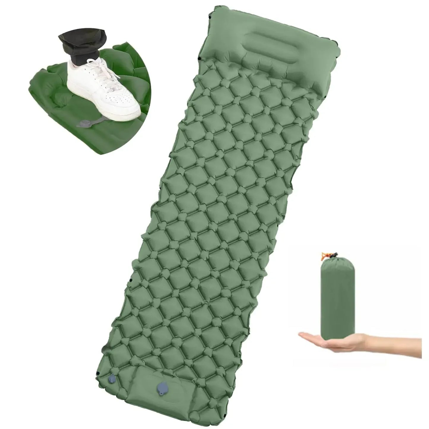 Green inflatable camping sleeping pad with compact storage bag, durable and portable for outdoor hiking
