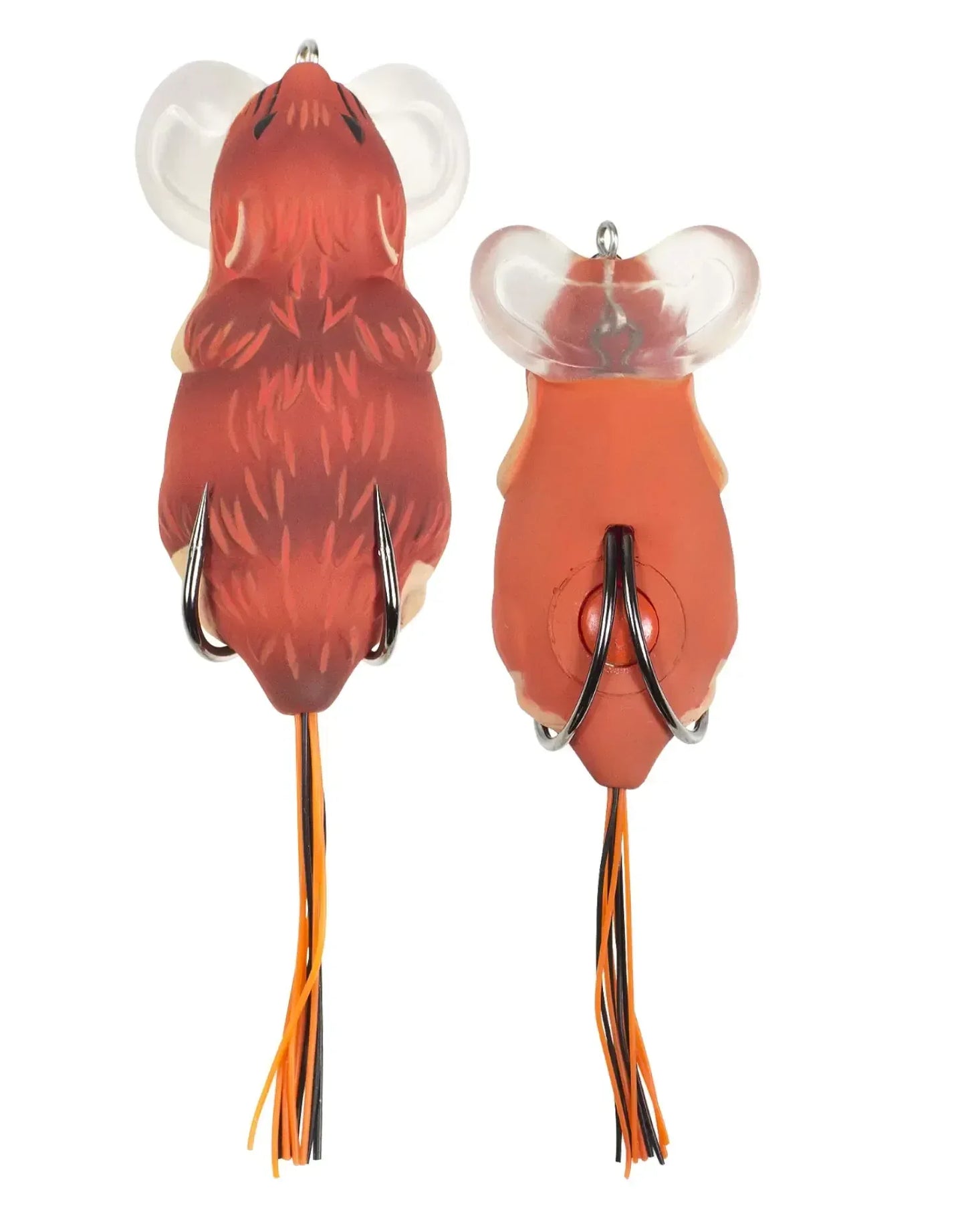 Brown mouse-shaped fishing lures with hooks and tails, ideal for outdoor fishing gear