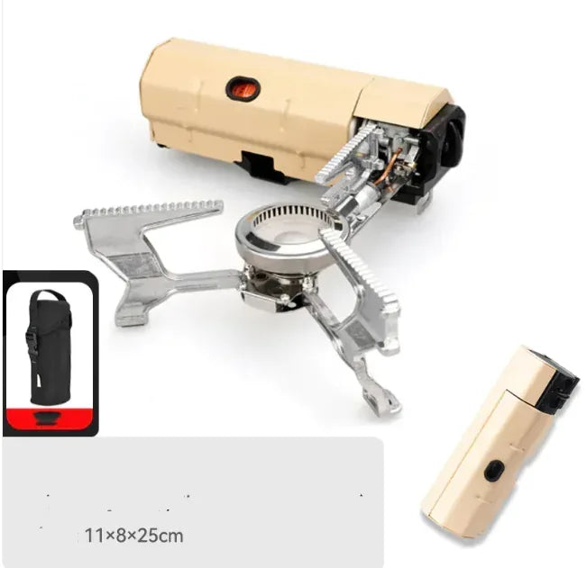 Portable camping stove with foldable metal arms and carrying case, ideal for outdoor adventures.