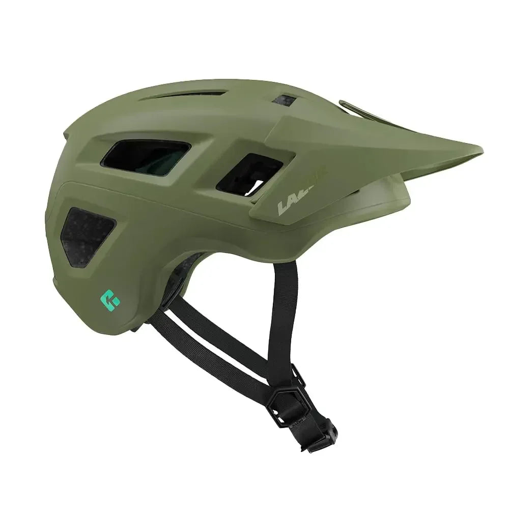 Olive green outdoor adventure helmet with ventilation, visor, and adjustable straps