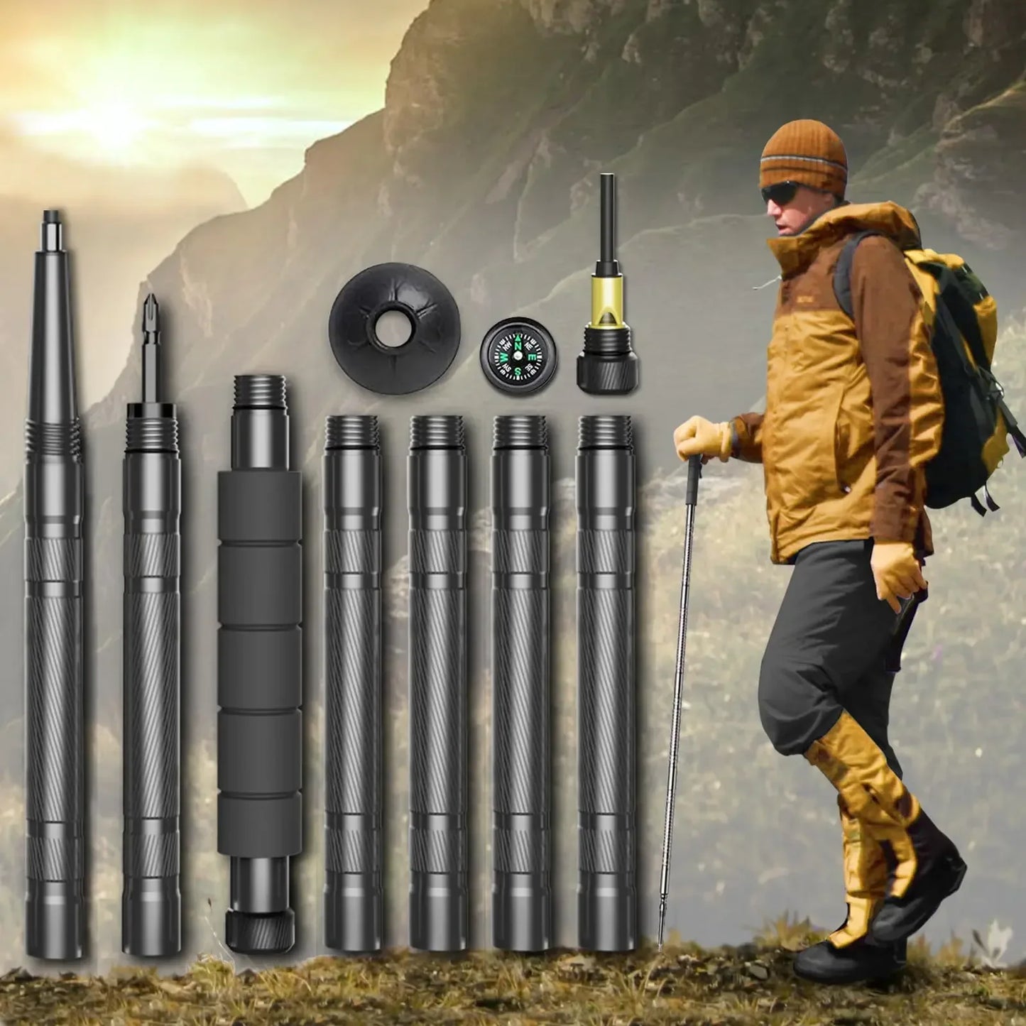 Hiking gear set with modular trekking pole, compass, and hiker in mountain outdoor setting
