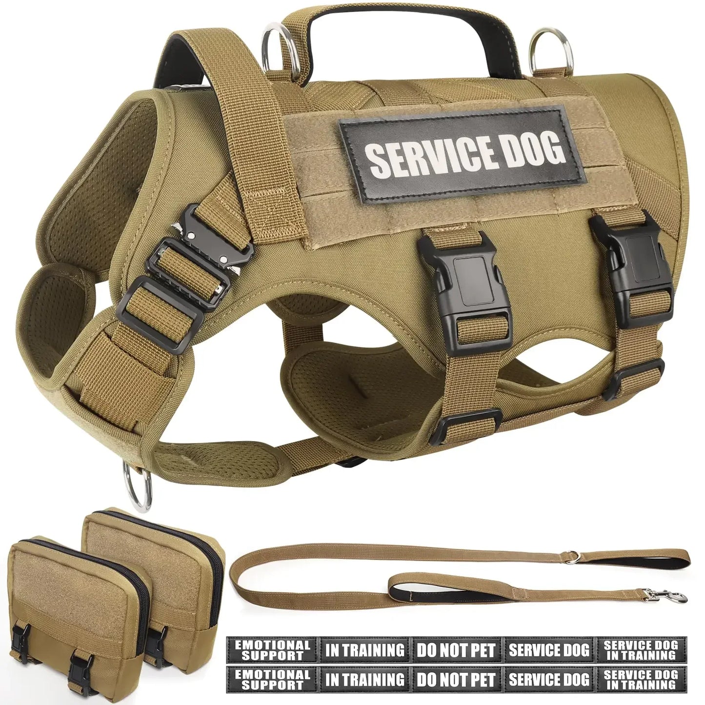Durable tan service dog harness set with pouches, leash, and training tags, outdoor gear