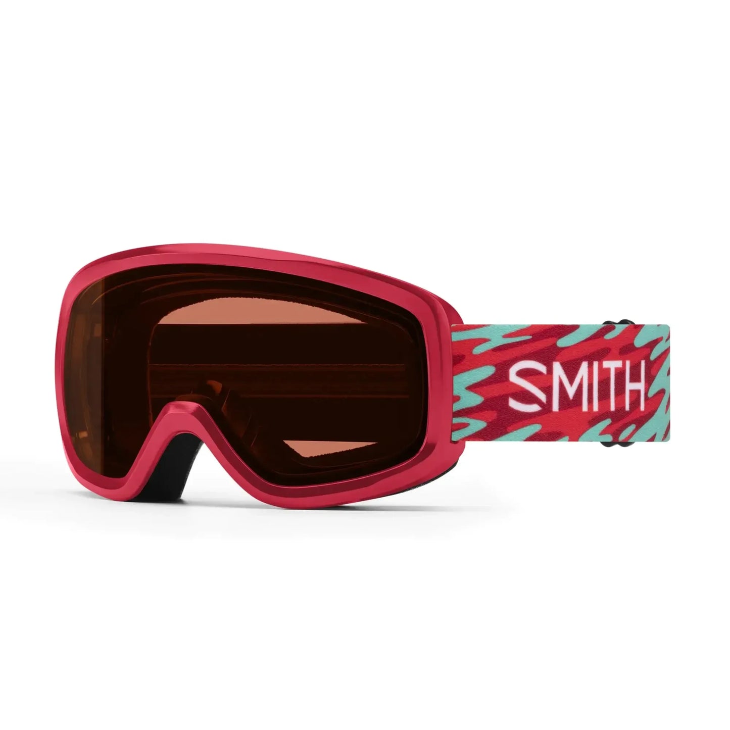 Red and aqua Smith ski goggles with tinted lens, rugged outdoor adventure gear