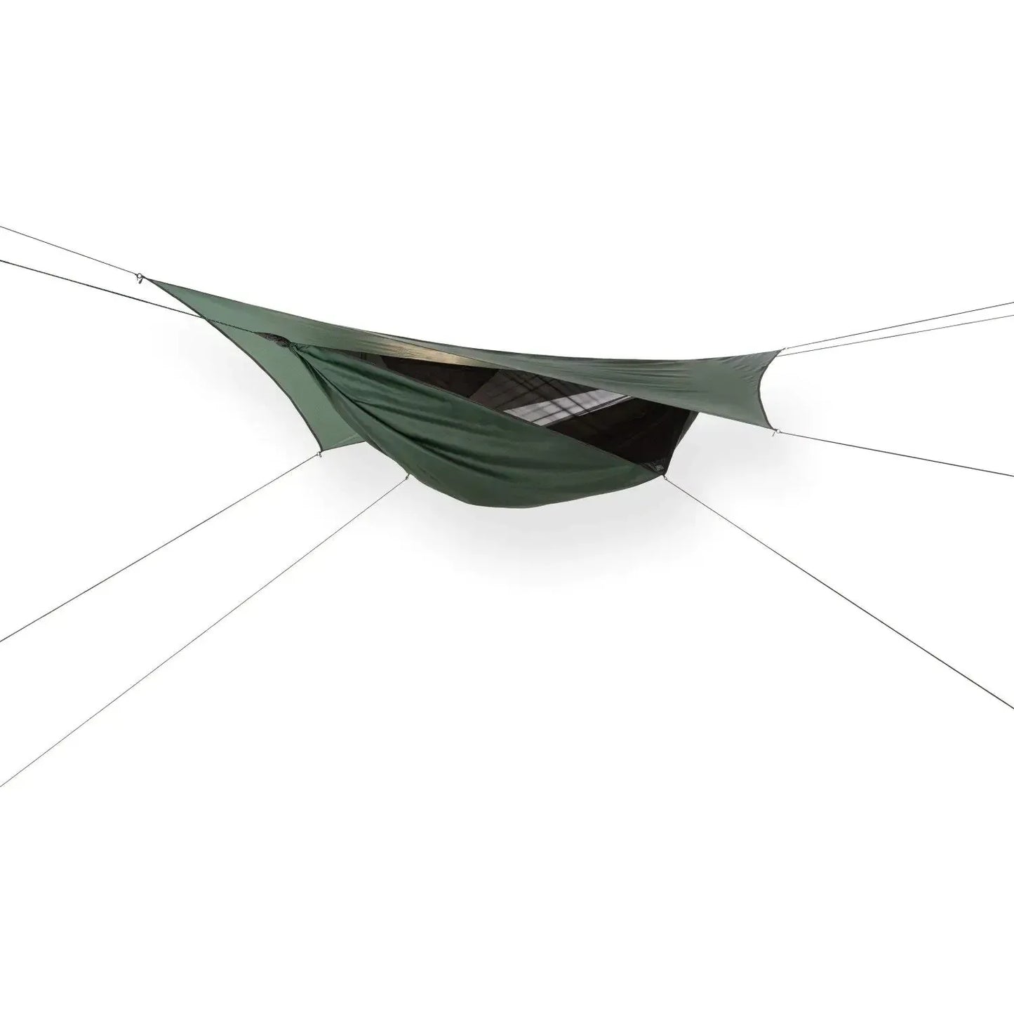 Durable green camping hammock with rainfly, ideal for outdoor hiking and survival gear on Hacksoutdoors