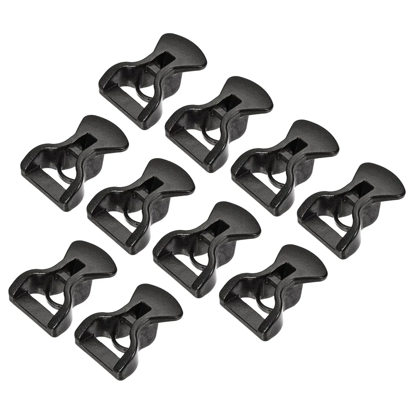 Set of ten black plastic tent clips for outdoor camping gear and hiking accessories