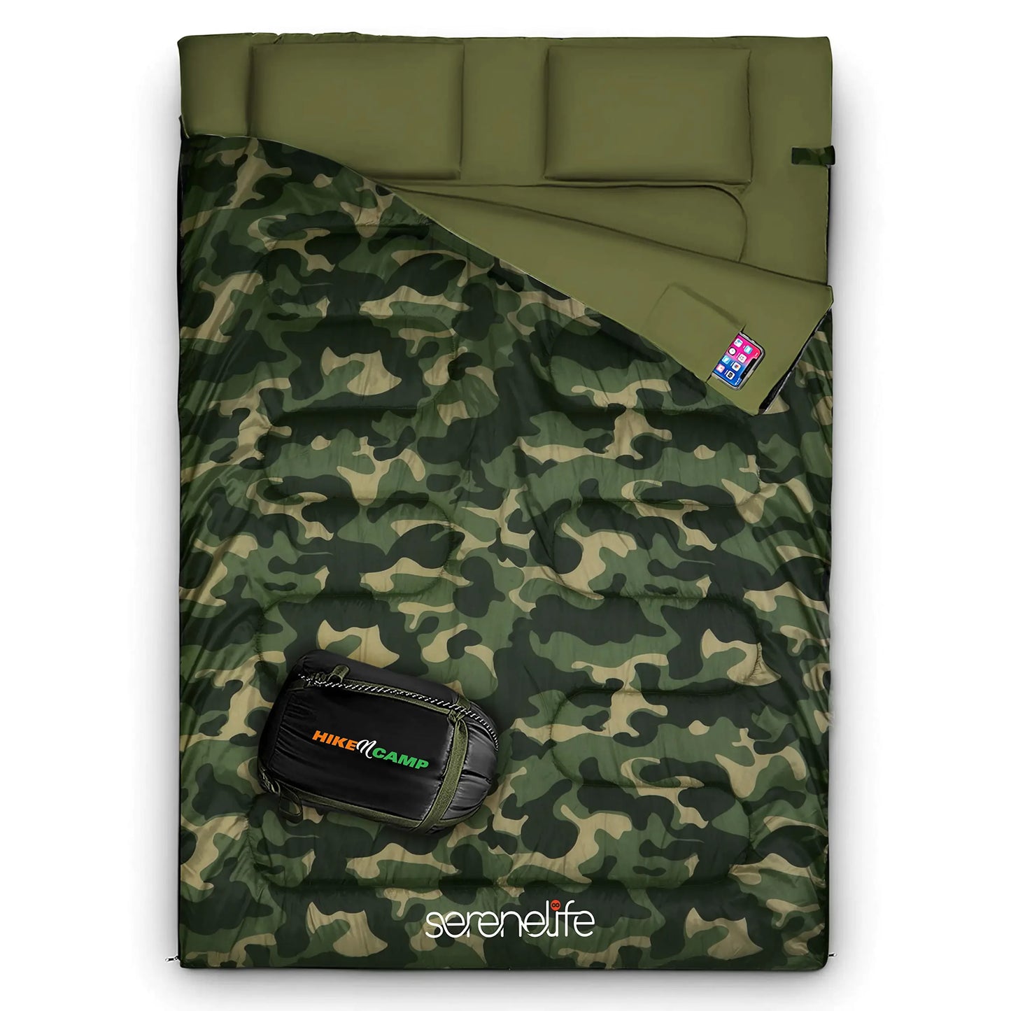 Camouflage double camping sleeping bag with built-in pillows, storage pocket, and carry bag