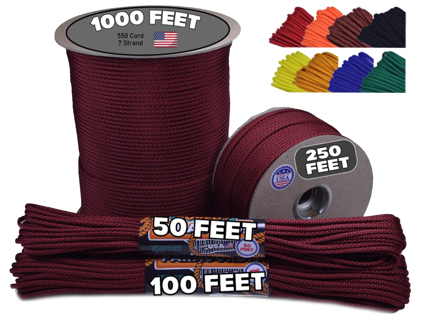 Durable 550 paracord in burgundy, multiple lengths, for camping and survival gear at Hacksoutdoors.