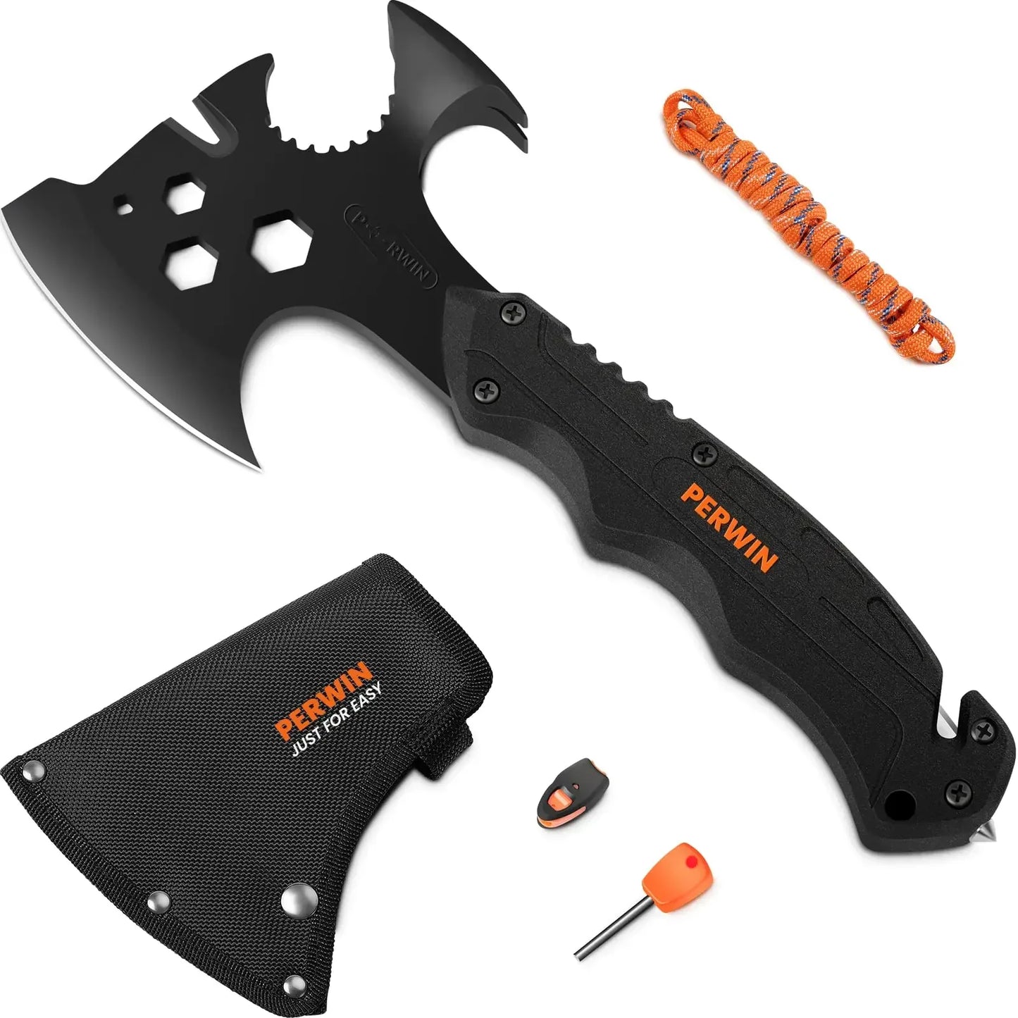 Multi-functional black camping axe with sheath, orange paracord, and survival tools, ideal for outdoor adventure gear.