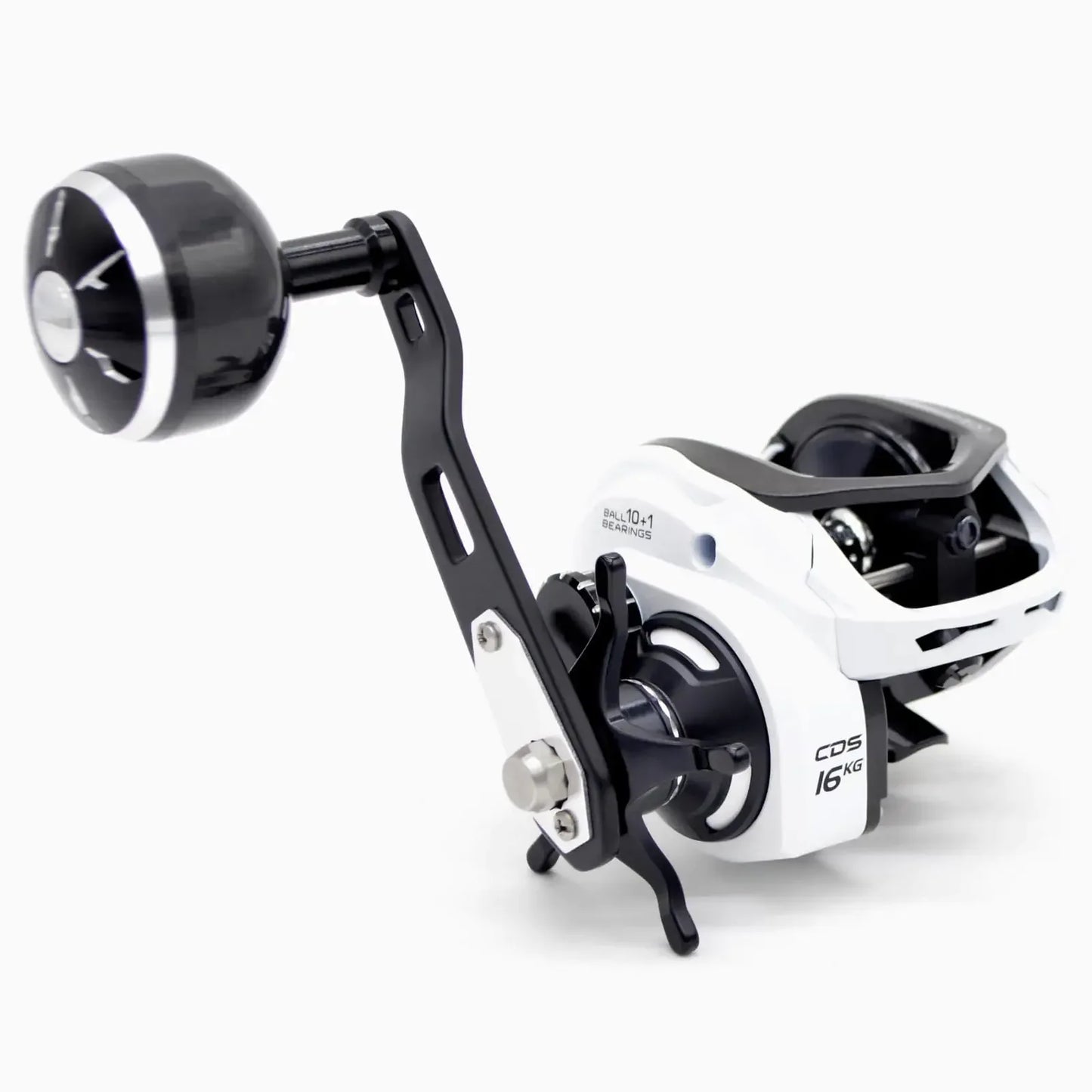 White and black fishing reel for camping and outdoor adventure gear on a white background