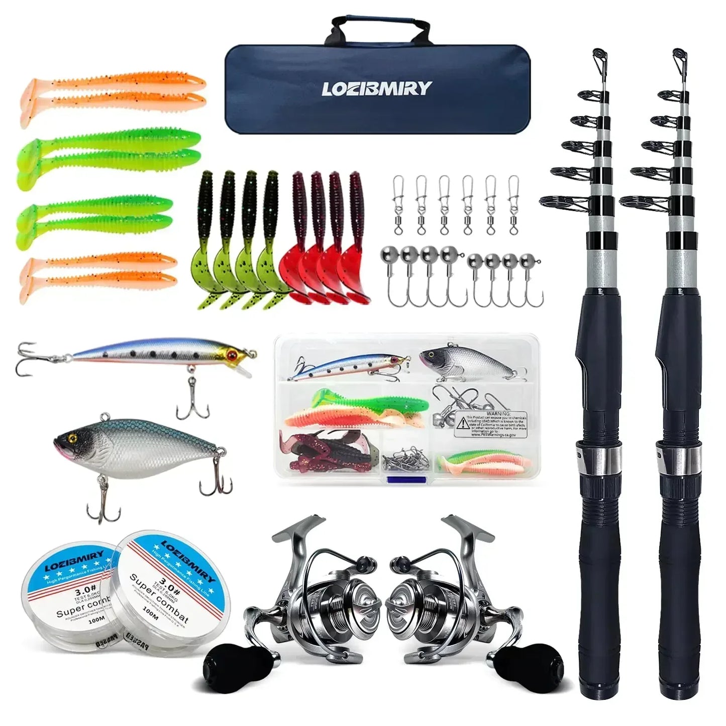 Complete fishing gear kit with telescopic rods, reels, lures, hooks, and tackle bag for camping