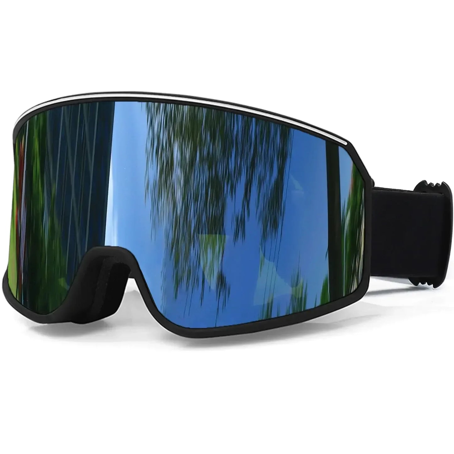 Reflective outdoor adventure goggles with wide blue lens and black strap for camping or hiking