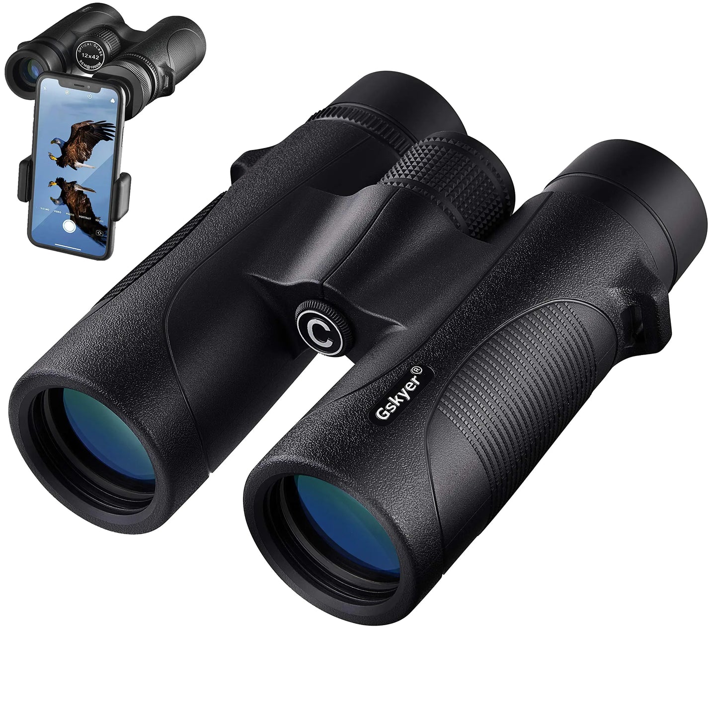 Durable black Gskyer binoculars for camping and hiking, with smartphone mount for bird watching