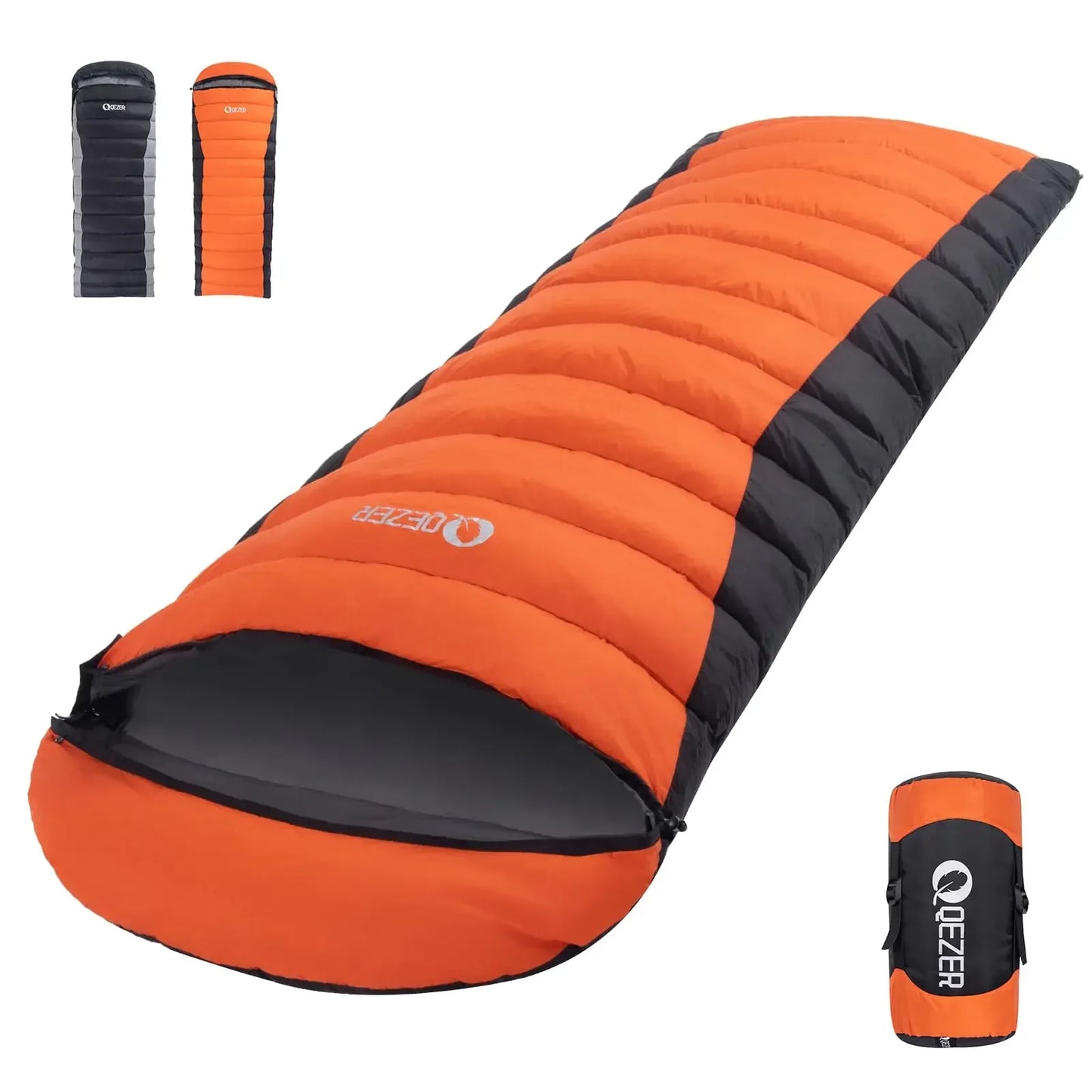 Orange and black camping sleeping bag with carrying case, outdoor gear for hikers and campers