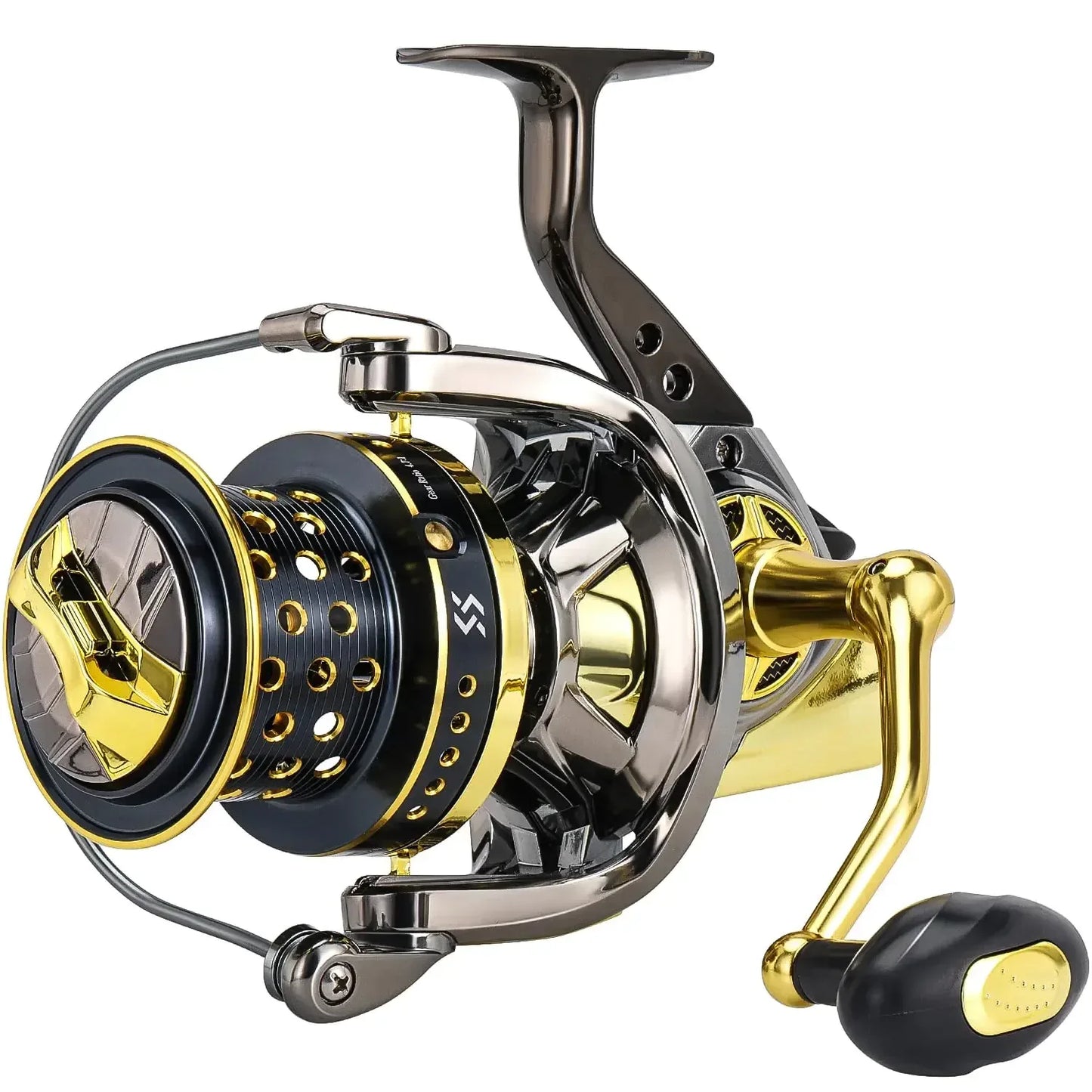 Durable gold and black spinning fishing reel for outdoor adventure, camping, and survival gear
