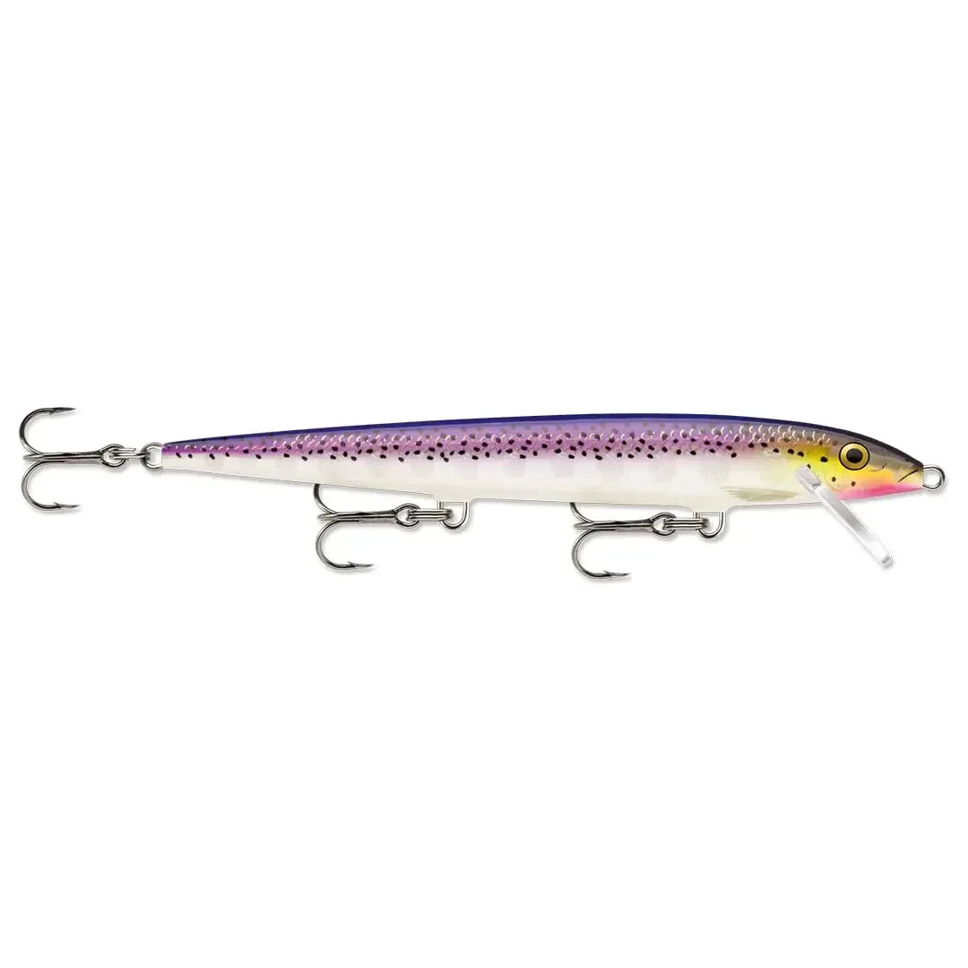 Purple and white fishing lure with three treble hooks, outdoor adventure gear
