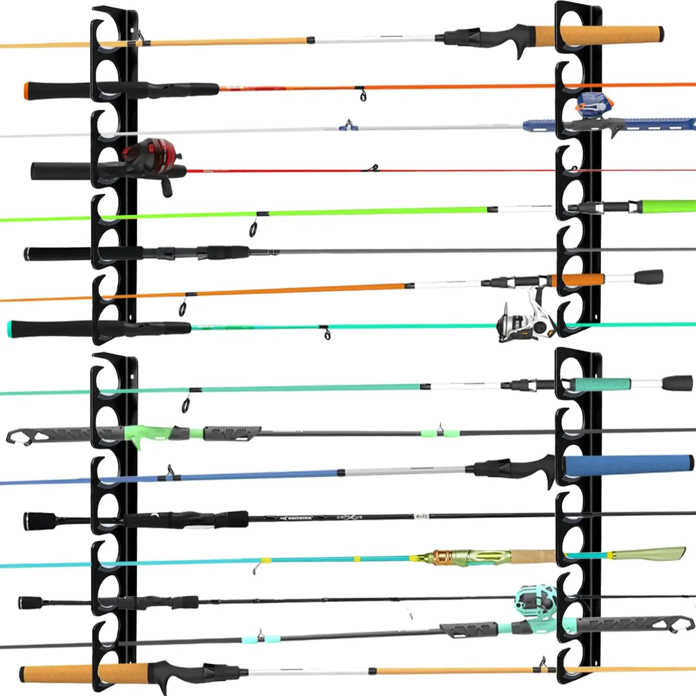 Wall-mounted fishing rod rack holding multiple fishing poles, ideal outdoor gear storage