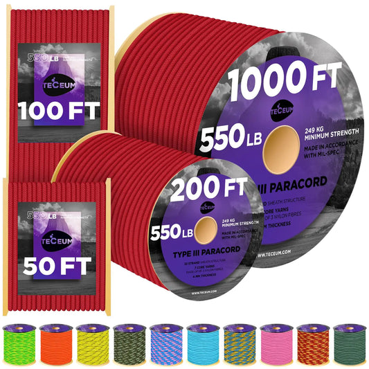 TECEUM Type III 550 Paracord - Red 50 ft - Tactical MIL-SPEC Rope
